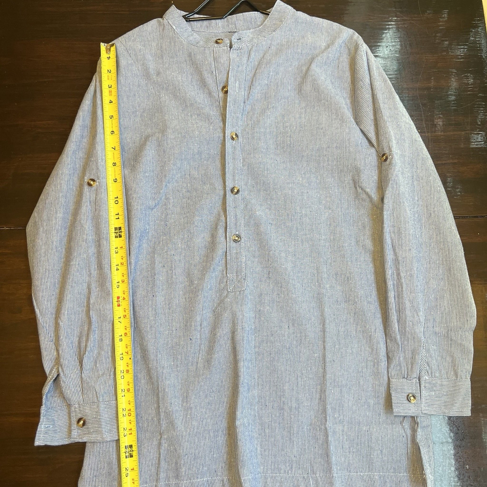 Tunic Top V-Neck Button Roll-Tab Sleeve Blue Stripe Woman’s Large No Tag - Picture 14 of 16